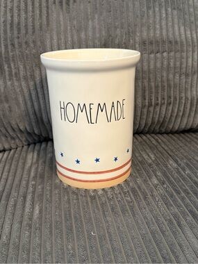 Rae Dunn White Ceramic Utensil Holder- HOMEMADE- with Blue Stars & Red Stripes